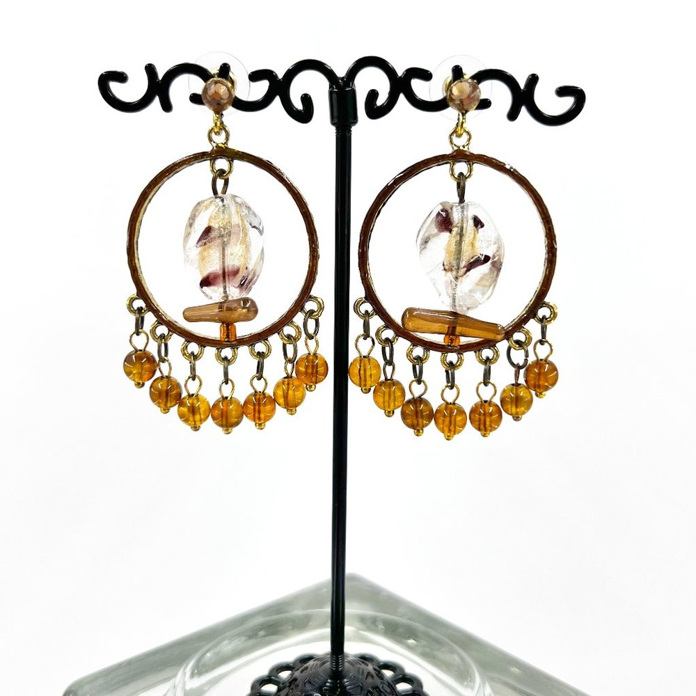 NWT - Charming Charlie - BOHO Vibes Brown & Amber Beaded Chandelier Earrings